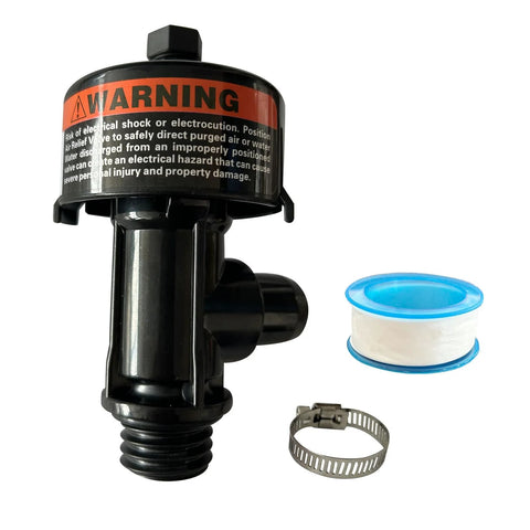 HJSIUTV high-flow air relief valve for pool filter, black plastic unit with warning; includes blue spool and hose clamp