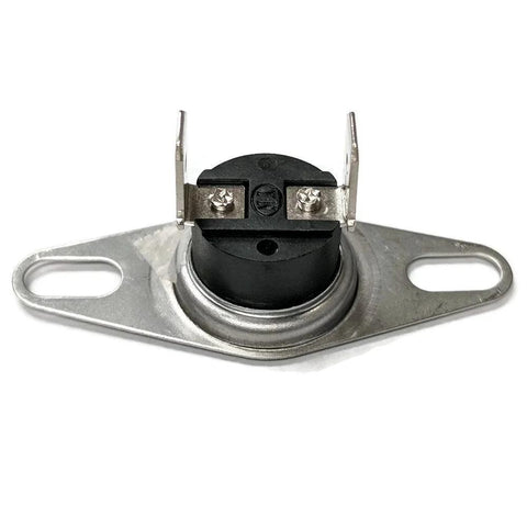 Midwest Hearth thermal fan switch for fireplace blower, black with metal mounting flange, 115° ON / 90° OFF.