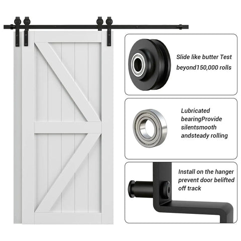 Six Foot Bypass Sliding Barn Door Hardware Kit For Double Wooden Doors With Single Track In Combination Track Mode Designed For A 70 Inch Door Opening Includes 6.7 Inch Overlap Space Between Doors Ideal Rustic Home Renovation Solution front view with track and components