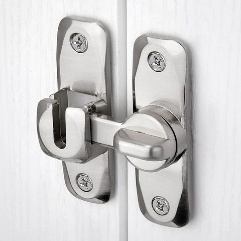 Close-up of Two Pack Silvery 90 And 180 Degree Barn Door Lock Zinc Alloy Right Angle Door Latch Flip Gate Hardware on white doors