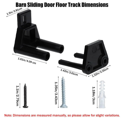 Two Pack Sliding Barn Door Floor Guides For Bottom Track Adjustable Roller With Screws And Expansion Tubes shown with dimensions