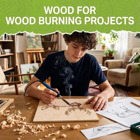 Person using pyrography pen on basswood sheet for wood burning project in a cozy room, focus on technique and wood texture.