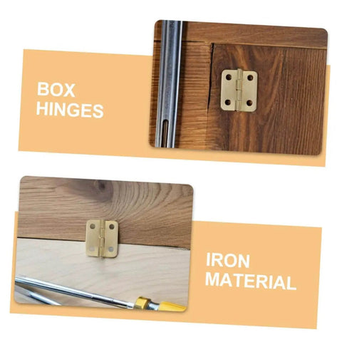 Close-up of 40 Pcs Small Brass Mini Hinges Hardware Kit With Screws For Jewelry Boxes Dollhouses And Wooden Crafts installed on wood.