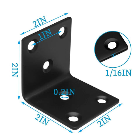 Close-up of black stainless steel L bracket with dimensions, part of a Twenty Pack One And A Half Inch Black Stainless Steel L Brackets