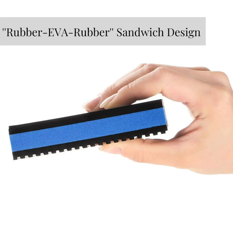Close-up of Eight Pack Beefy Rubber Anti Vibration Pads 4 Inch Square Seven Eighths Inch Thick showing sandwich design held in hand.