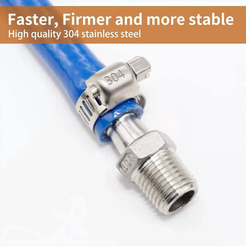 Close-up of Stainless Steel Worm Gear Hose Clamps Set, 100 Pack, 16-25mm Range 5/8-1 Inch, 304 Stainless Steel connected to blue hose.