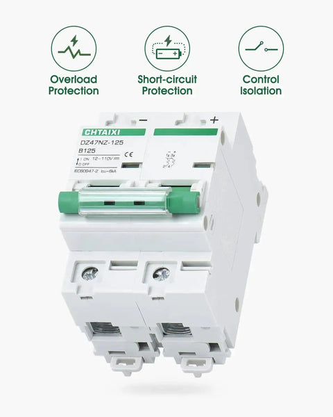 Beefy Heavy Duty 2 Pole 125A DC Circuit Breaker 12V to 110V DC Thermal Magnetic Trip DIN Rail Mount High Current Battery Protector