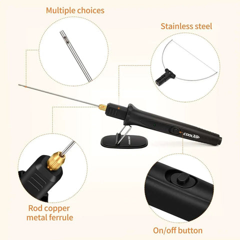 Versatile Hot Wire Foam Cutter Kit By Cooltop, 18W Electric Styrofoam Knife Cutter shown with accessories and features.