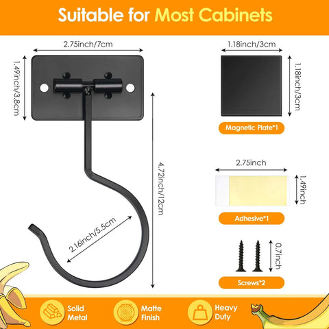 Diagram of a magnetic cabinet hook with dimensions, screws, adhesive, and matte finish, designed for most cabinets.