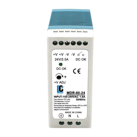 Front view of Rail Mount 24V DC Switching Power Supply, 60W, Quick Install, Plug And Play Ready, Input 100-240VAC, Output 24V DC