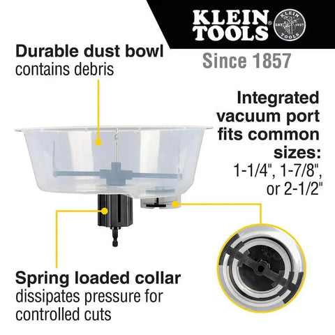 Pro Grade Adjustable Hole Saw Cutter For Drywall And Ceiling Tiles With Dust Bowl And Vacuum Port, 2 To 7 Inches, side view showing dust bowl and vacuum port.
