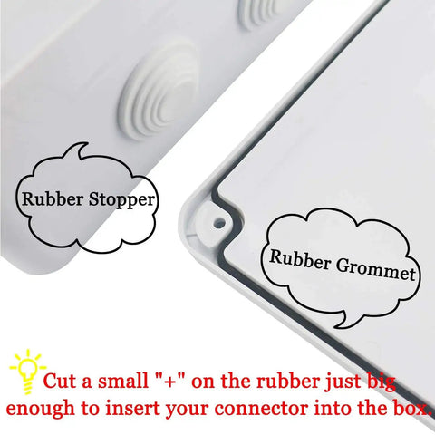 Heavy Duty IP65 Weatherproof Junction Box ABS Plastic Electrical Enclosure showing rubber stopper and grommet for cable entry