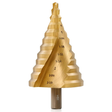 Front view of Titanium-Coated HSS Step Drill Bit Set with twelve sizes from 1/4 inch to 2-3/8 inch, visible spiral groove design.