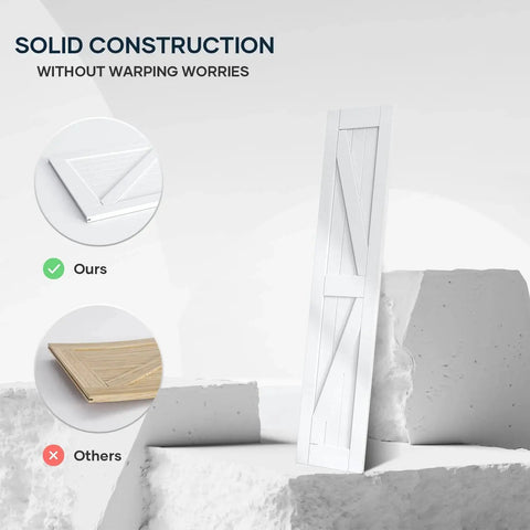 36 Inch By 84 Inch Double Barn Door With 6.6 Feet Sliding Door Hardware And Handle Included, DIY Assembly And Easy Install, Waterproof And Durable LVL Solid Wood Construction With White K Frame, Suitable For Interior And Exterior Rooms. White barn door panel leaning on stones with construction comparison graphic.