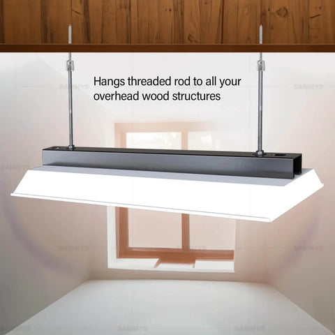 Easy Install Wood Threaded Rod Anchor, Three And A Half Inch Screw, No Pre Drill Required, Zinc Finish, mounted to a ceiling.