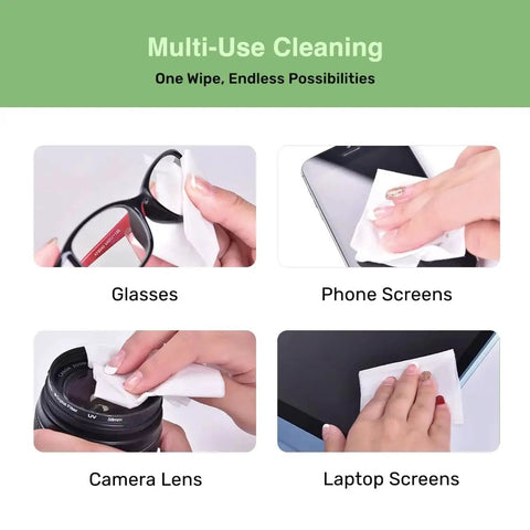 Optix Lens Cleaning Wipes, 300 Pre Moistened, For Glasses, Cameras, Phones; multiple uses shown on different devices