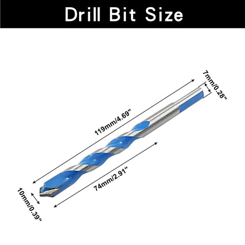 Image of a 5 Pack 10mm Masonry Drill Bits Set Carbide For Concrete Tile Glass Ceramic Brick And Wood Piutouyar 0.39 Inch Diameter 4.69 Inch Overall Length Heavy Duty Pro Grade Kit For Power Drill with dimensions displayed.