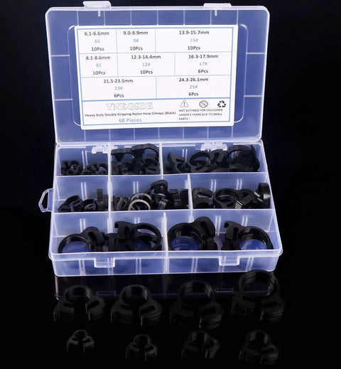 Heavy Duty Ratcheting Hose Clamp Set 6.1 To 26.1 Mm Adjustable Nylon Plastic Double Snap Grip 8 Size Kit With 68 Pieces