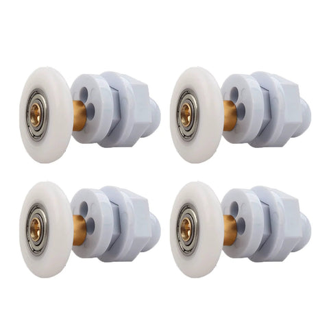 4PCS 27mm shower door rollers replacement with copper rod pulley, nylon runners, and stainless screws shown in set of four