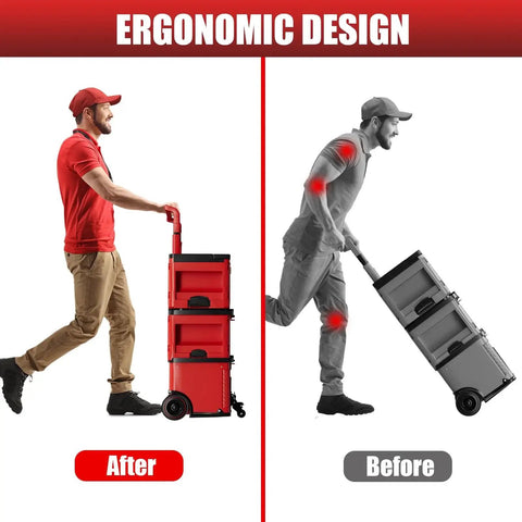 Comparison of ergonomic design before and after using steel construction front wheels for Packout caster kit.