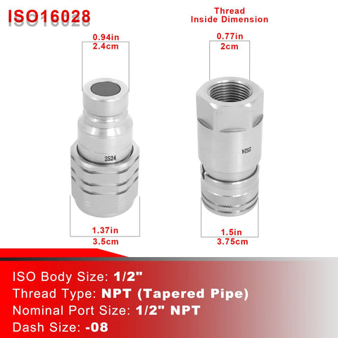 Two 1/2 in NPT flat-face hydraulic couplers with dust covers for skid-steer quick-connects, ISO 16028, red set