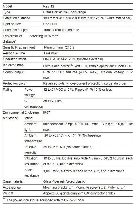 Specifications sheet for Keyence PZ2-42 Diffuse Reflective Short Range Photoelectric Sensor With Red LED Detects Transparent And Opaque Targets 100 mm Range New In Box Ready To Install Must Have