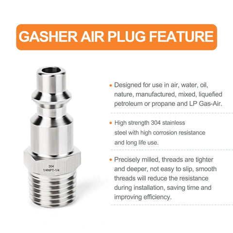 GASHER air plug, 304 stainless steel, 1/4 NPT male, high-flow pneumatic plug