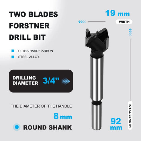 Three Quarter Inch Forstner Drill Bit Carbide Tipped For Clean Flat Bottom Holes In Hardwood Plywood And Plastic Professional Grade Hinge Cutter With Round Shank One Third Inch Eight Millimeter, shown with specs and dimensions.