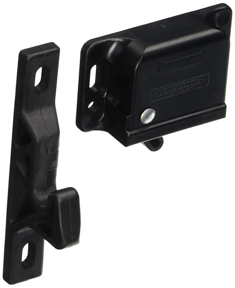 C3-805 Series Concealed Push-To-Close Grabber Catch, Side Mount, 22N, Black, shown in detached view, highlighting design features.