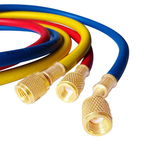 Tri-color refrigerant charging hoses blue yellow red with 1/4 inch brass fittings for R12/R22/R134A, 60 in long, 600-3000PSI