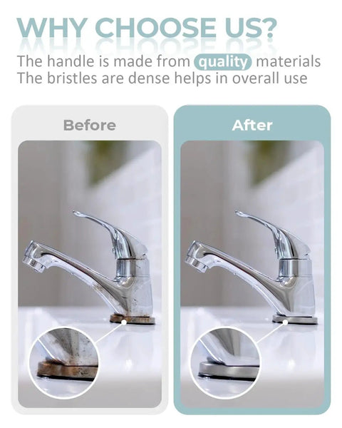 Before and after cleaning faucet with Hard Bristle Crevice Cleaning Brush For Grout And Tight Gaps Non Slip Handle