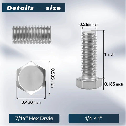 High Quality 1/4-20 x 1 Inch 304 Stainless Steel Hex Head Bolts Screws Nuts Flat and Lock Washers Kit size details