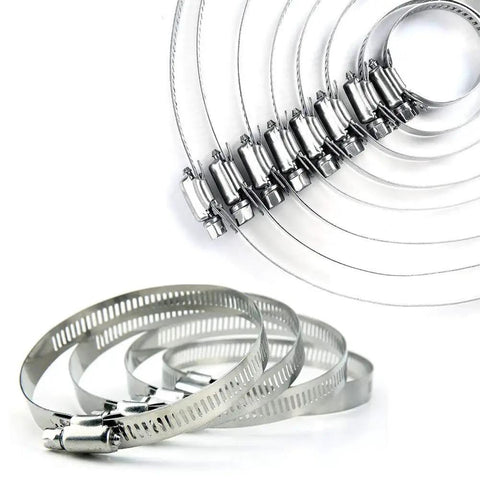 Stainless Steel Adjustable Worm Gear Hose Clamp Kit For 27 To 102mm Range, 12-Piece Silver Assortment, displayed overlapping in circle.