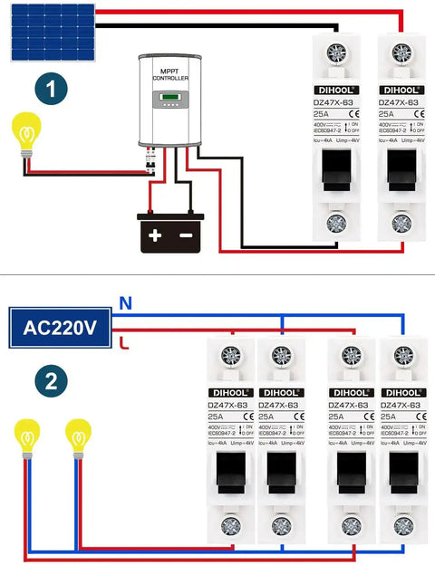 Two Pack AC DC Miniature Circuit Breakers Single Pole 25 Amp For 12 24 48 400V DC And 90 480V AC Systems Non Polarized setup diagram