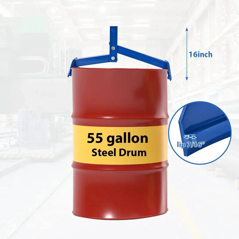 Vertical Drum Lifter Clamp for 55 Gallon Steel Drums 1100 Lb Capacity lifting a red drum in warehouse