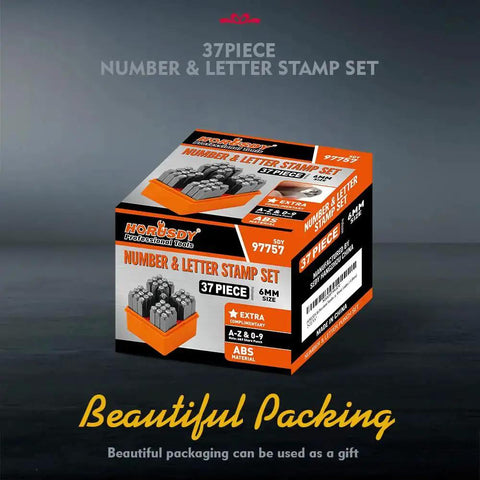 Packaging of Easy To Pick 37 Piece Metal Letter And Number Stamp Set Six Millimeter Stamps for Jewelry Metal Leather DIY Projects.