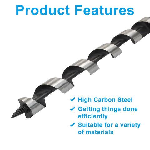 Close-up of Three Quarter Inch Wood Auger Drill Bit With Twelve Inch Length And Hex Shank For Soft And Hard Wood Carbon Steel Construction.