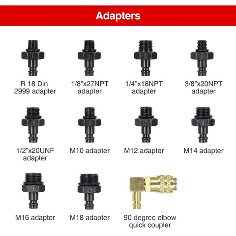 Adapters for Oil Pressure Tester Kit For Cars ATVs And Trucks With 0 To 140 PSI Mechanical Gauge, showing various sizes including NPT and UNF.