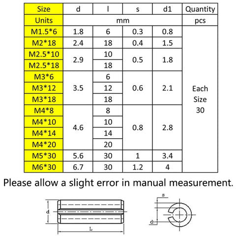 Measurement chart of 390 Piece Spring Steel Pin Assortment Kit With 13 Sizes From M1.5 to M6 Slotted Pins in Storage Box Black Finish Durable Set for Quick Repairs Robotics and Hobby Projects, showing dimensions and quantities of pins.