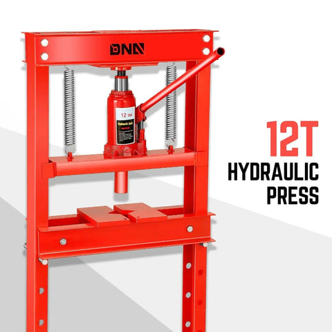 Red 12 Ton hydraulic shop press with H-frame design and adjustable plates, ideal for automotive and metalwork applications.
