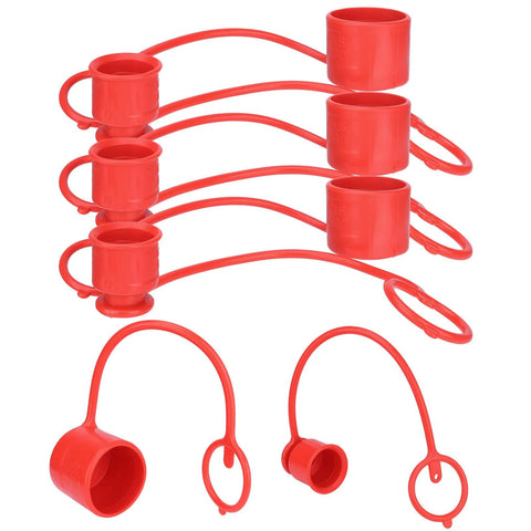 Red rubber dust caps for 1/2 inch flat-face hydraulic quick-connect couplers; set of four with lanyards.