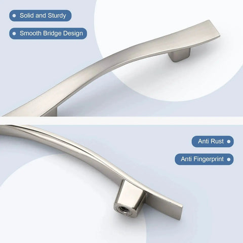 Close-up of Solid Zinc Alloy Drawer Knob And Pull Set in Satin Nickel Finish highlighting smooth bridge design and anti-rust feature.