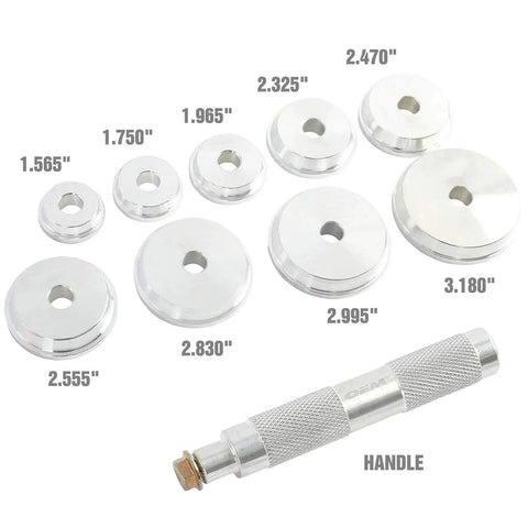 Bearing Race And Seal Driver Set With Nine Sizes Range From 1.565 To 3.180 Inches displaying all drivers and handle