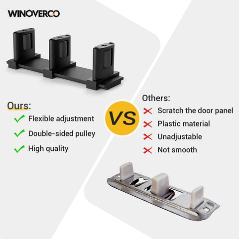 Comparison of adjustable three wheel sliding barn door floor guide for bypass doors black finish vs plastic floor guide.