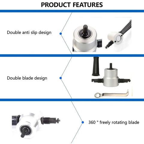 Double Head Metal Nibbler Cutter For Drill with 360 Degree Rotating Cutting Tool, showing anti-slip and double blade design.