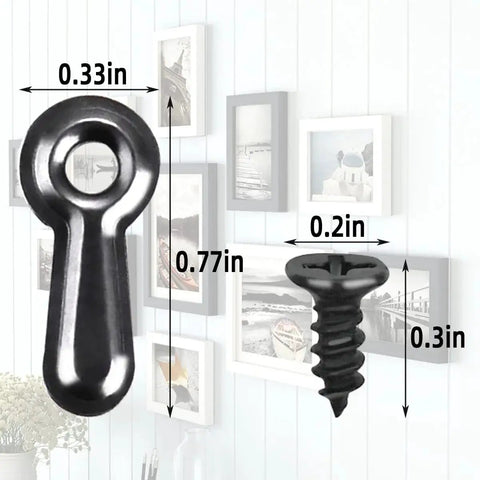 Pro Grade 160 Piece Metal Picture Frame Hardware Kit With 160 Screws And Turn Button Fasteners Black Finish Includes Hanging Hangers For Photos Crafts And Posters A Complete All In One Set That Is Rust Resistant And Built To Last. Close-up of black turn button and screw with dimensions.