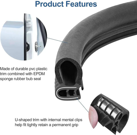 20 Foot Automotive Door Weather Stripping Kit With Side Bulb Rubber Edge Trim Seal Gasket, close-up of black U-shaped rubber seal.