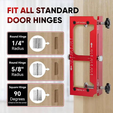 Pro Grade Aluminum Alloy Door Hinge Jig Template Kit for Precise Installation displayed with radius and square hinge options.
