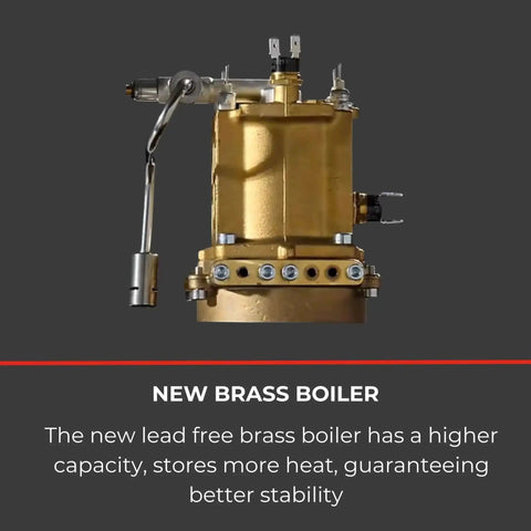 Side view of a new lead-free brass boiler for espresso machines, designed for higher capacity and improved heat storage.