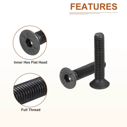 M3-0.5x16mm Flat Head Socket Cap Screws 50 Pack showing hex socket countersunk head, full thread, carbon steel, black oxide